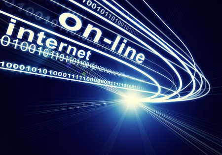 Stream of light beams with inscribed binary code and words on-line, internet on dark background. Communication conceptの写真素材