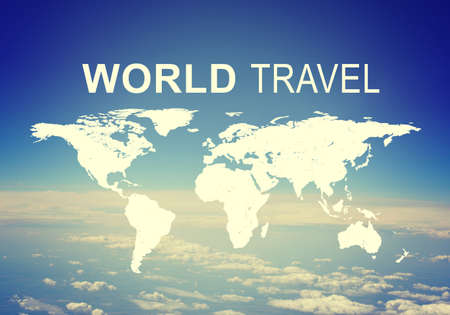 Contoured map of world continents with inscription World Travel, photo of Earth surface, clouds and...
