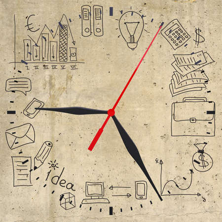 Business concept drawing around clock dial, on smooth stone surface, top viewの写真素材