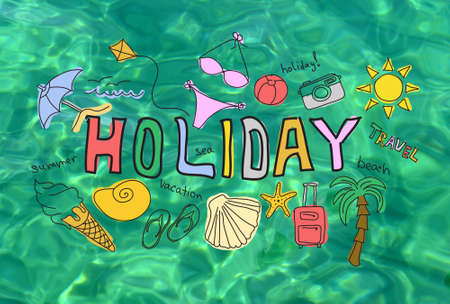 Summer holiday vacation concept, assorted items and words on green sea water backgroundの写真素材