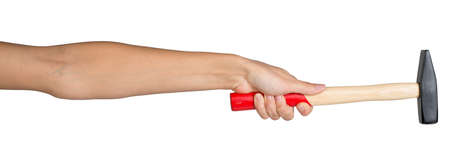 Female hand, bare, holding hammer, isolated over white backgroundの写真素材