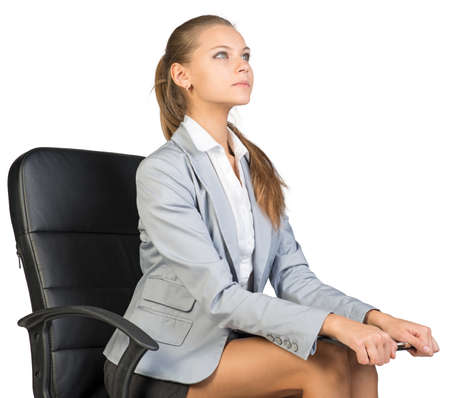 Businesswoman sitting on office chair holding clipboard on her knees, looking ahead. Isolated over...