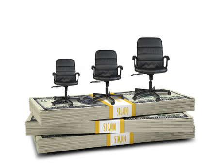 Stack of money with three office chairs successively increasing in size. Isolated over white backgroundの写真素材