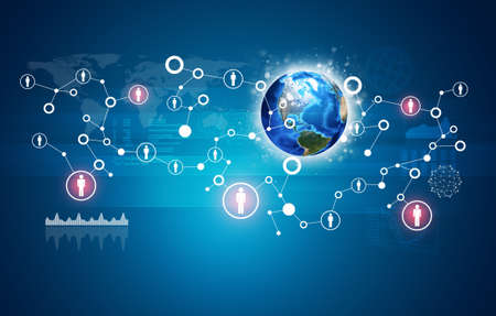 Earth, network with people icons and graphs. 