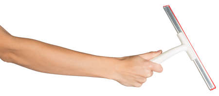 Female hand, bare, holding squeegee, isolated over white background