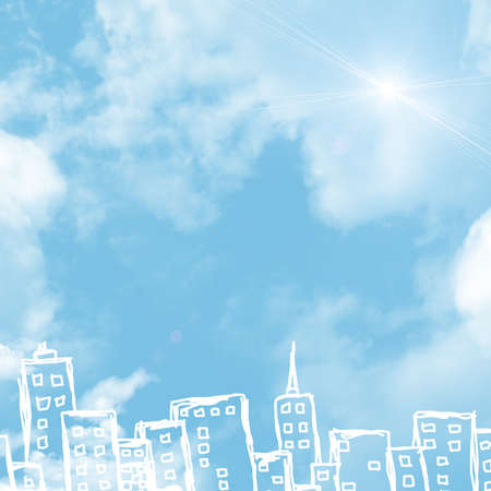 Background of sketches buildings and sky with cloudsの写真素材