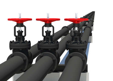 Three black pipes with valves. Isolated on white background