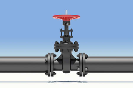 Black pipe and valve with shadow. Sky as backdrop