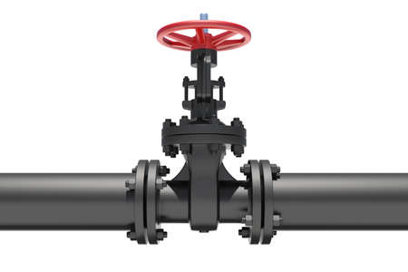 Three-dimensional model of valve connected to pipe flanges. Isolated on white backgroundの写真素材