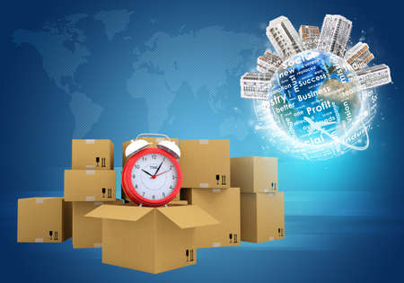 Postal boxes on them alarm clock. Background of ground and aircraft. Blue background. Elements of this image furnished by NASAの写真素材