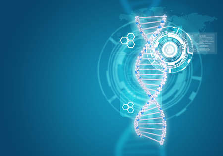 Human DNA. Background of white ring with hexagon and information board. Blue backgroundの写真素材