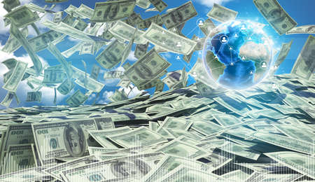 American money falling. Against background of globe earth and blue sky with clouds. Elements of this image furnished by NASAの写真素材