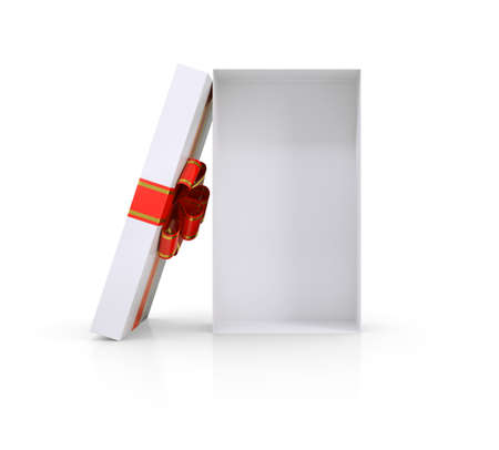 Open empty gift box and red bow. Isolated on white background