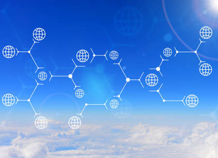 Abstract composition of white lines and spheres on nature background of sky. Aerial view