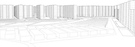 Wire-frame buildings. Vector illustration, 3d render. Construction conceptのイラスト素材