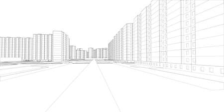Wire-frame buildings and street. Vector illustration, 3d render. Construction conceptのイラスト素材
