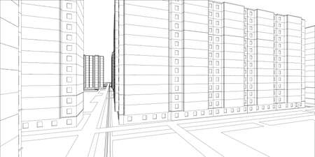 Wire-frame buildings. Vector illustration, 3d render. Conscturction conceptのイラスト素材