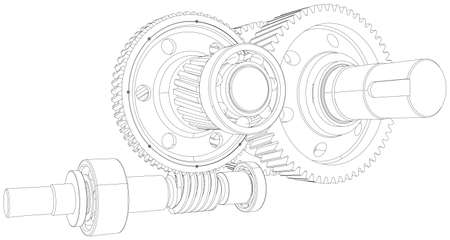 Wire-frame gears with shafts. Close-up. Vector illustration, 3d renderのイラスト素材