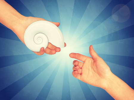 Bank shell in the hand. Abstract  light blue background