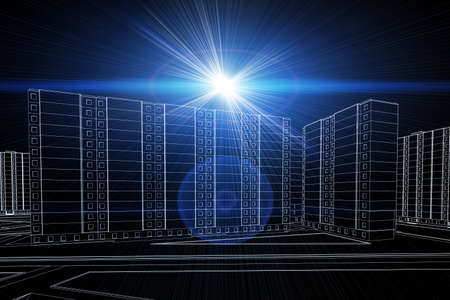 City 3d model with buildings and bright blue flash on top in black background