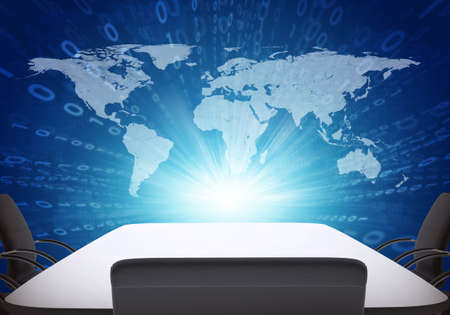 Room with white empty table, chairs and backrest. World map, numbers on background and hotspot in centreの写真素材