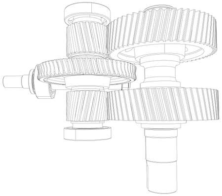 Wire-frame gears with shafts. Close-up. Vector illustration, 3d renderのイラスト素材
