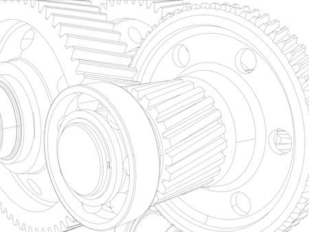 Wire-frame gears with shafts. Close-up. Vector illustration, 3d renderのイラスト素材