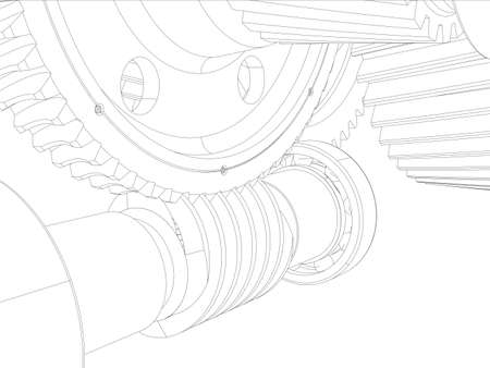 Wire-frame gears with shafts. Close-up. Vector illustration, 3d renderのイラスト素材