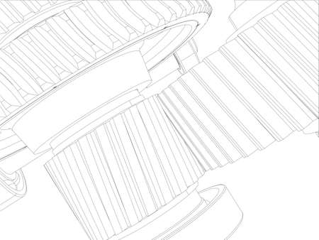 Wire-frame gears with shafts. Close-up. Vector illustration, 3d renderのイラスト素材