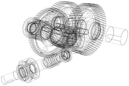Wire-frame gears with shafts. Close-up. Vector illustration, 3d renderのイラスト素材