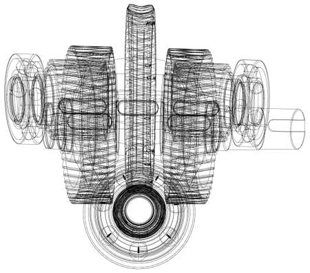 Wire-frame gears with shafts. Close-up. Vector illustration, 3d renderのイラスト素材