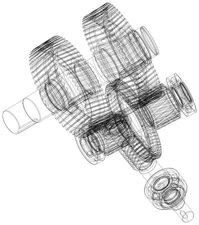 Wire-frame gears with shafts. Close-up. Vector illustration, 3d renderのイラスト素材