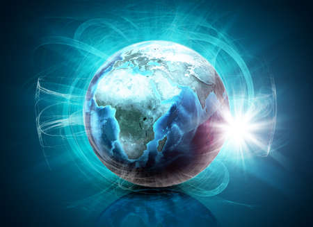 Earth in haze on abstract blue background. Elements of this image furnished by NASAの写真素材