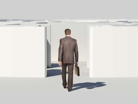 Businessman with suitcase enters labyrinth, back view. Isolated background, virtual modelの写真素材