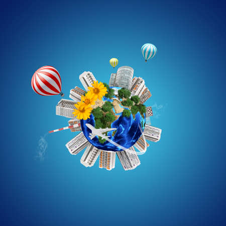 Earth model with city and baloons around, flowers and atomic power station on isolated blue...