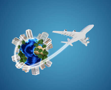 Earth model with city around, flowers on isolated blue background. Elements of this image furnished...