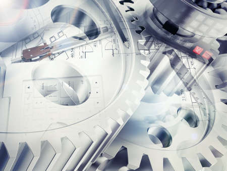 Drawing stuff with watchwork wheels and calculator abstract background, close-up viewの写真素材