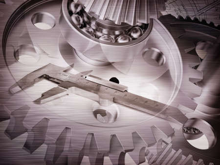 Drawing stuff with watchwork wheels and ruler abstract background, close-up viewの写真素材