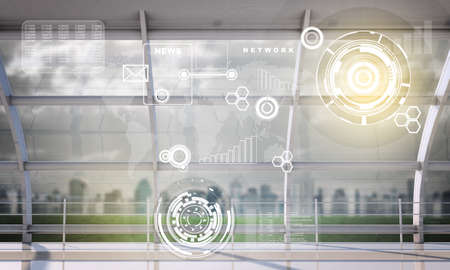 Abstract holographic screen background with world map and graphical charts
