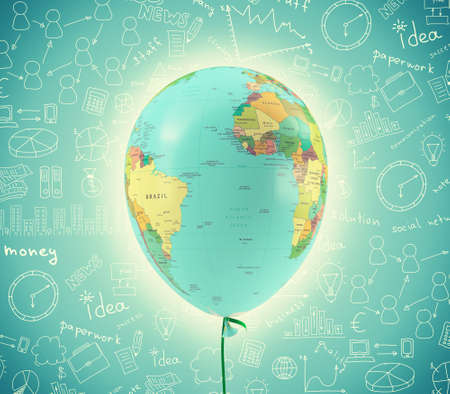 World map in balloon shape on abstract blue background with different symbolsの写真素材