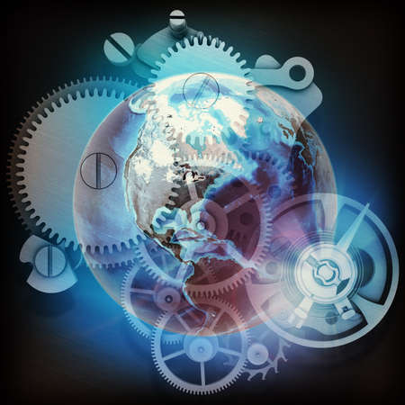 Earth model with watchwork abstract background. の写真素材