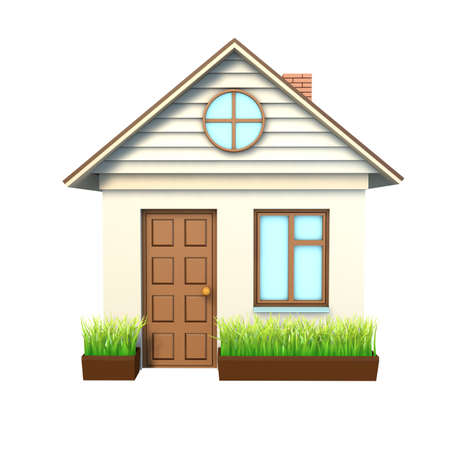 White house with brown roof on isolated white backgroundの写真素材