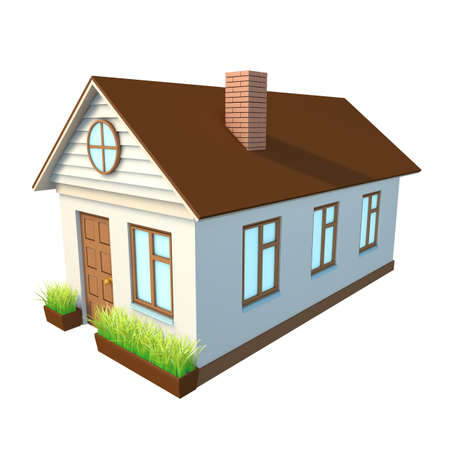 White house with brown roof on isolated white background, side viewの写真素材