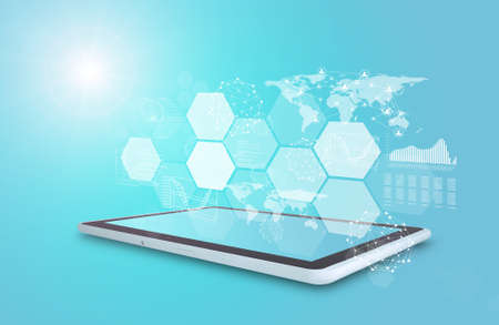 Tablet with virtual world map on blue background