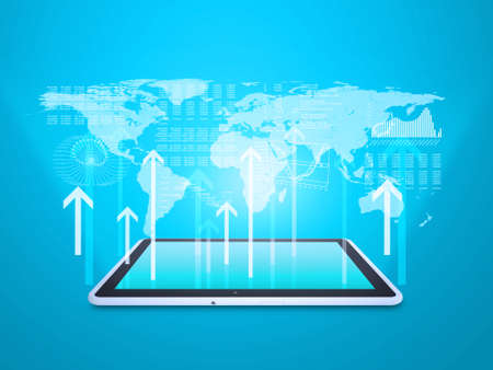 Tablet with map, arrows up and connected dots on blue background
