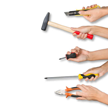 Set of peoples hands holding different tools from right side on isolated white background