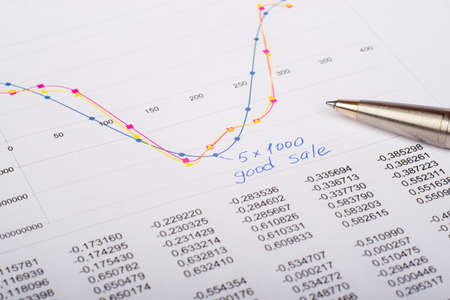 Document with numbers, pen and graphical charts, close up view