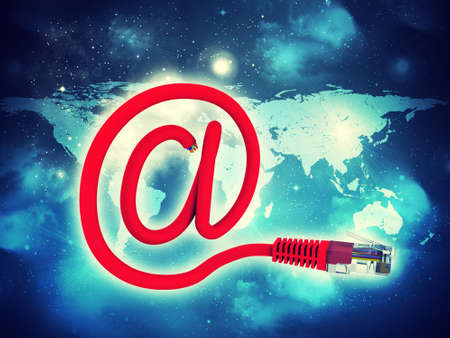 Abstract blue background with red computer cableの写真素材