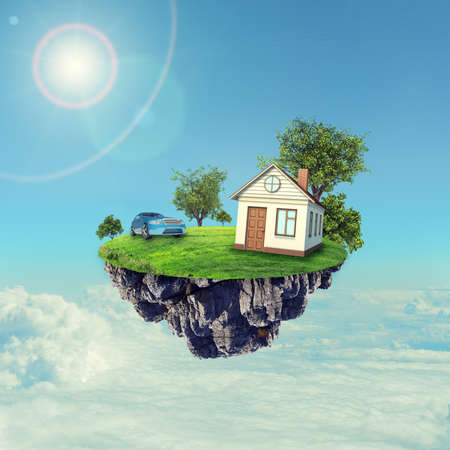 White house with brown roof and car on island in sky with clouds and sunの写真素材