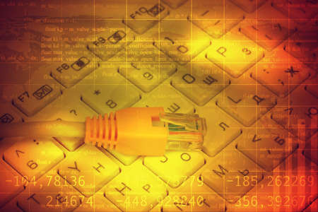 Computer cable on keyboard in abstract colorful background with numbersの写真素材